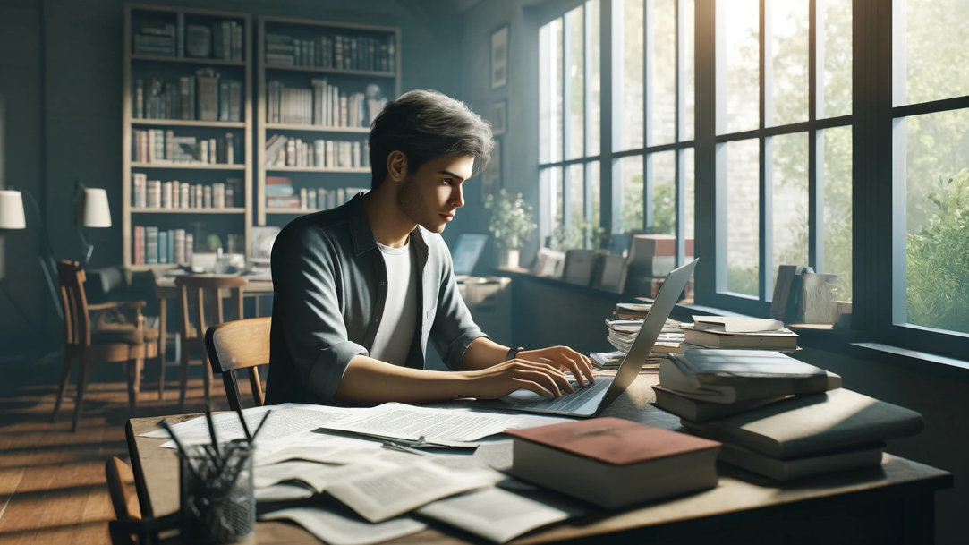 A man working on a laptop in a study with a lot of books