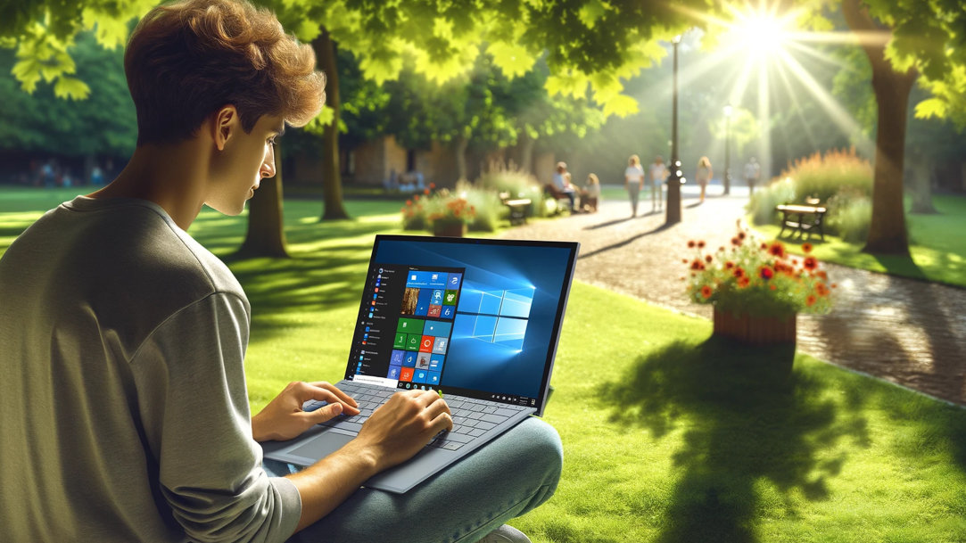 A man working on his Surface device in a park