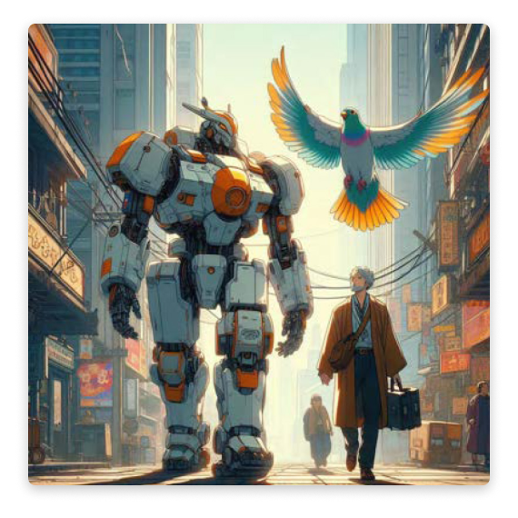 A manga-style anime of a robot and a bird in a city
