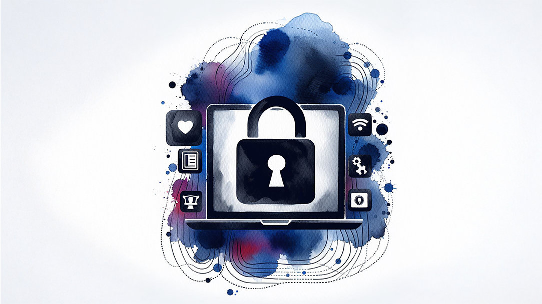 A painted, black security lock on a computer on a full, white color background in a wet watercolor style