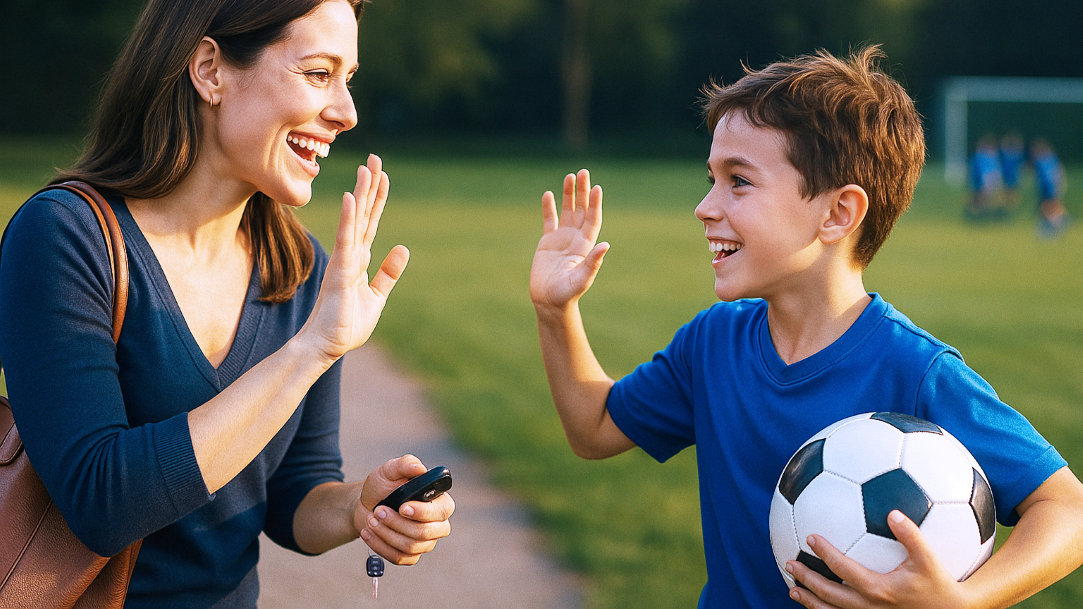 A parent drops their child off at soccer practice after using Copilot as a family schedule organizer
