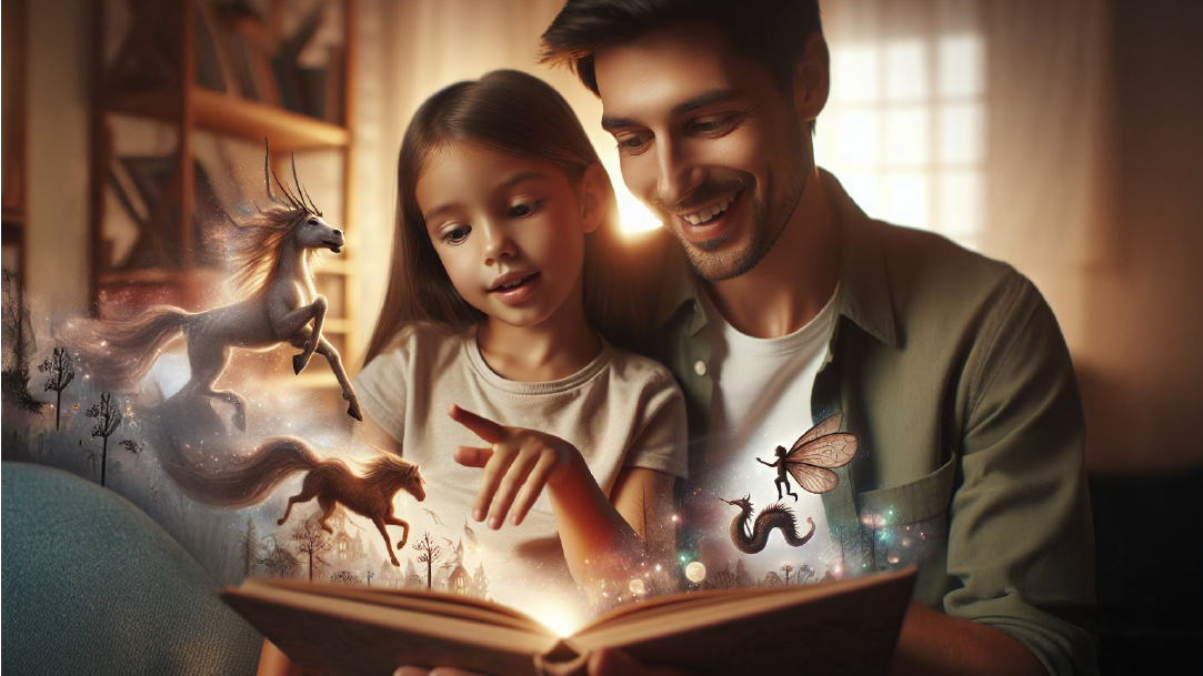 A parents and child are smiling while reading a book together, and magical creatures appear to be emanating from the book’s pages