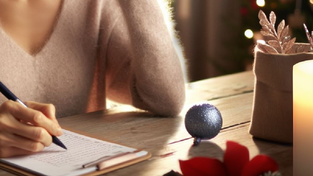 A person in a fuzzy sweater writes a list on a clipboard while sitting at a wooden table