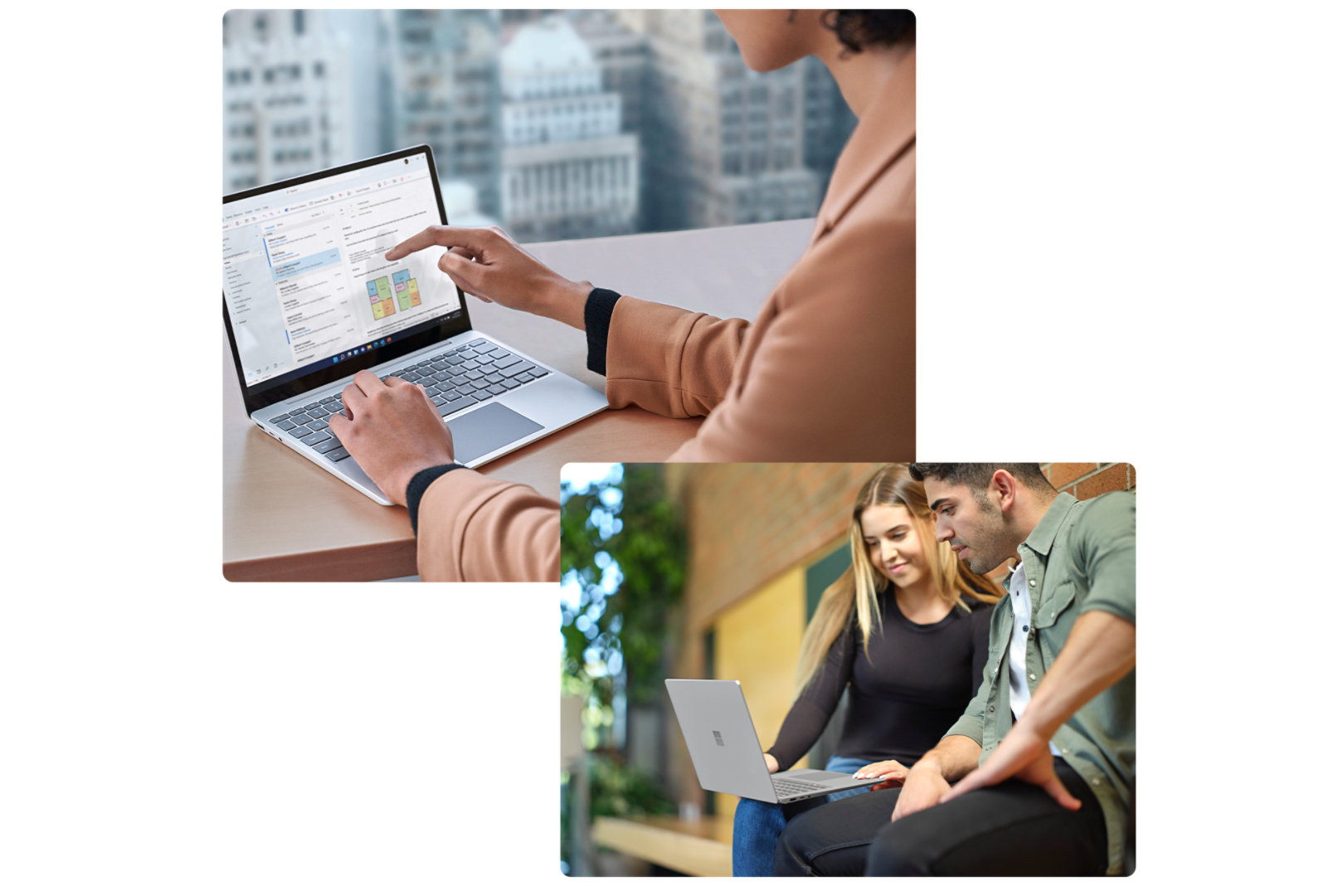 Se observa una persona que usa el dedo para interactuar con la pantalla táctil de un dispositivo Surface Laptop Go 2. Se muestra Outlook en la pantalla.