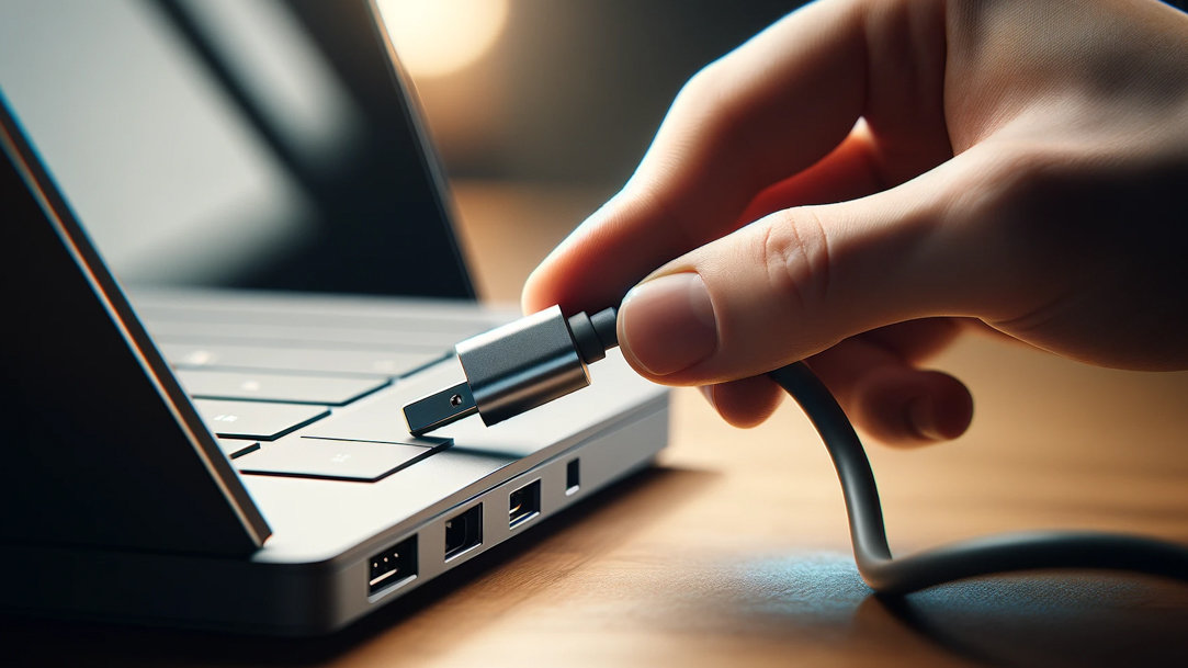 A person plugging their charging cord into their laptop’s port