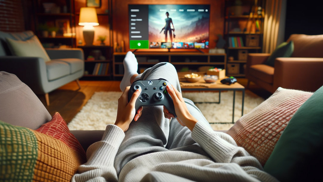 A person relaxing in a chair using an Xbox controller