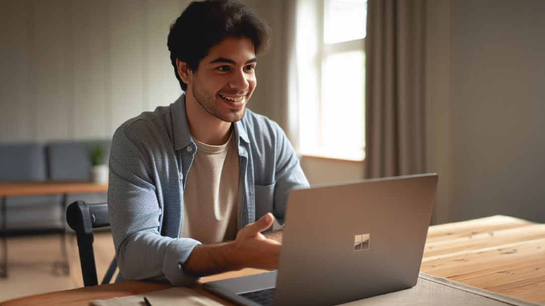 A person smiles while talking at a laptop screen