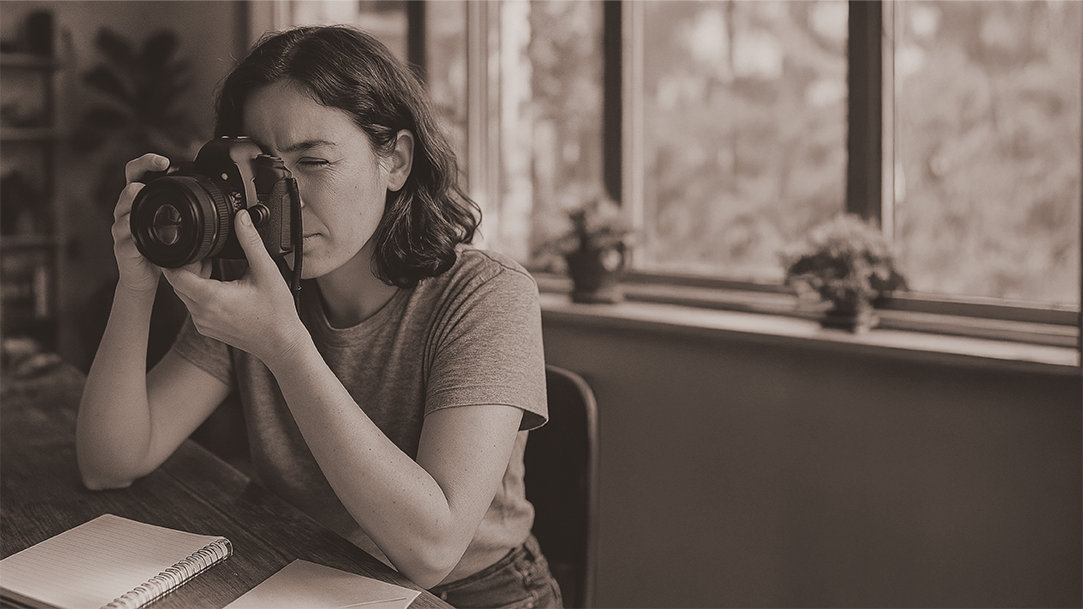 A person taking a photo for her photography side hustle and using AI freelance tools to track her clients