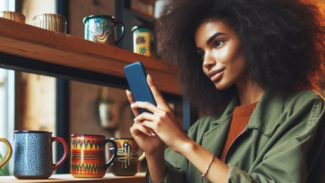 A person taking a picture of a mug with their phone