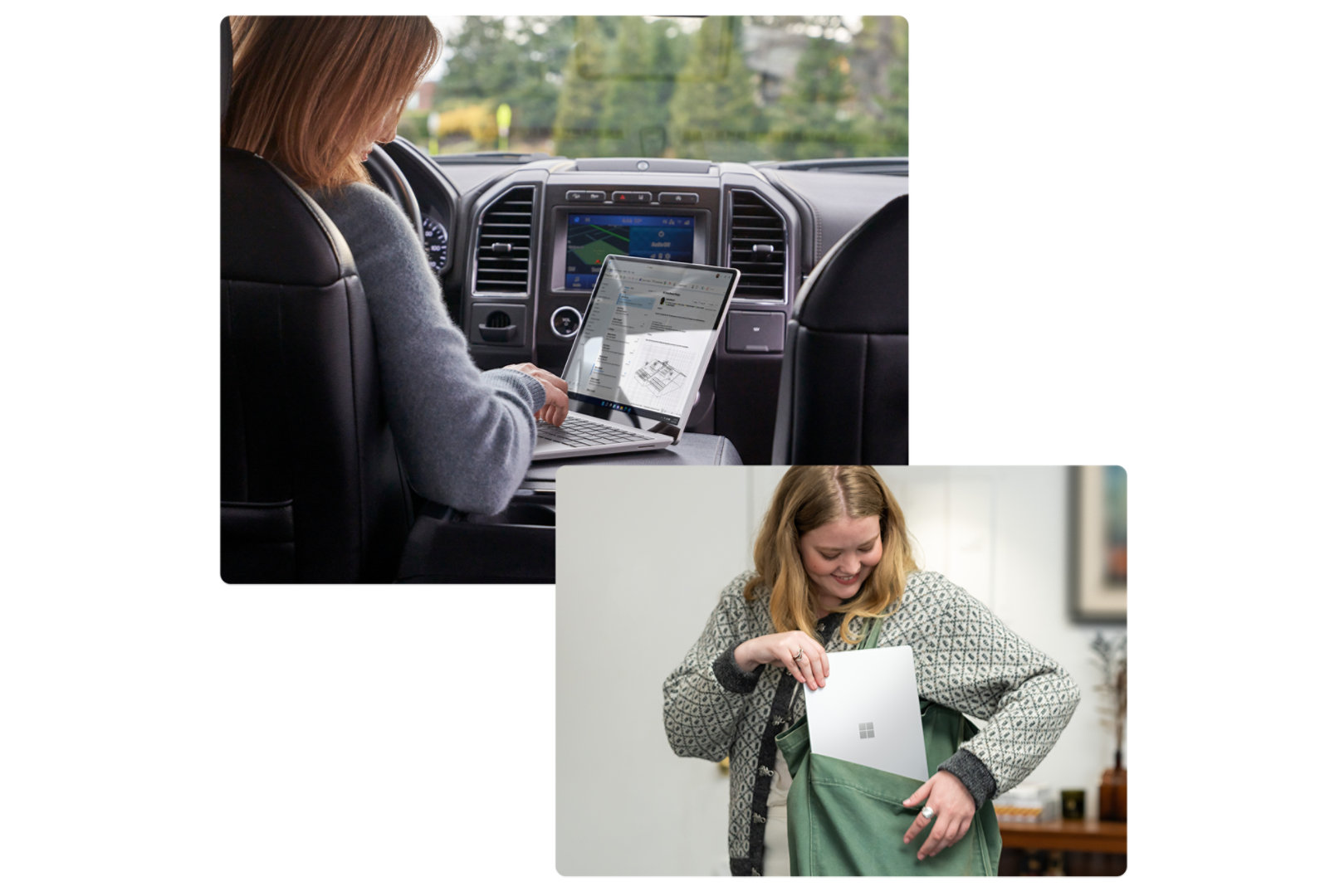A person uses their Surface Laptop Go 2 device while seated in their vehicle