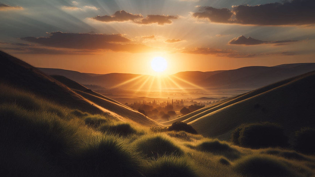 A photo of a sunset that’s centered in the background with grassy hills on both sides of the frame