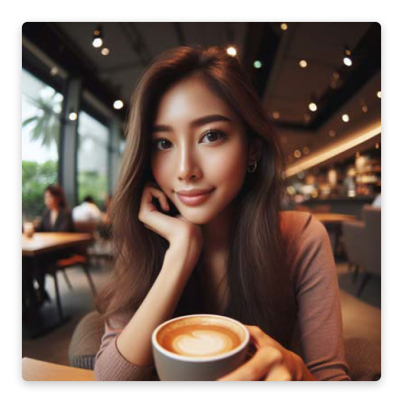 A photo-realistic image of a woman sitting at a café, medium shot, holding a coffee with soft lighting and fisheye lens