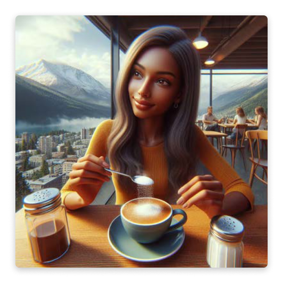 A photo-realistic panoramic image of a woman sitting at a café putting sugar in her coffee