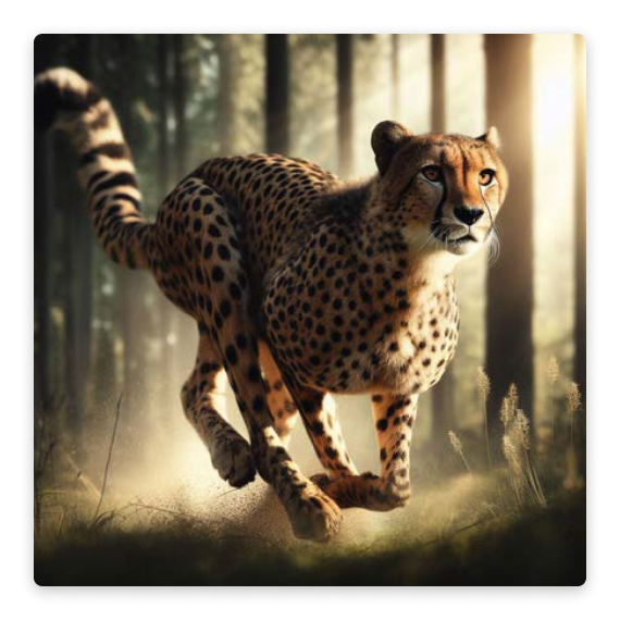 A photorealistic image of a cheetah running through the forest
