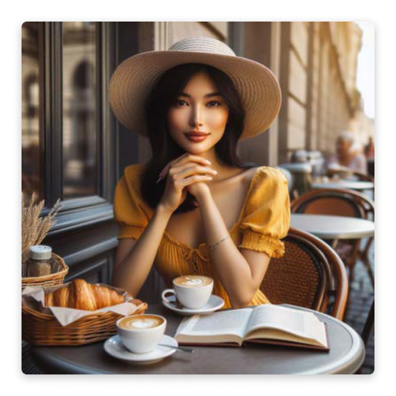 A photorealistic image of a woman sitting down at a cafe with a coffee