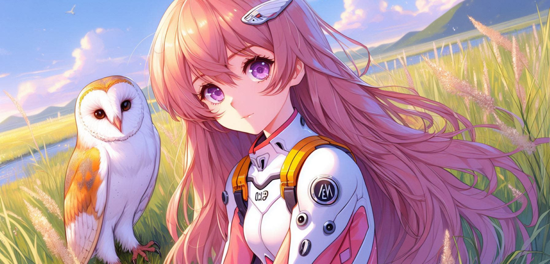 A pink-haired character sitting with a barn owl in a field