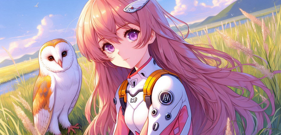A pink-haired character sitting with a barn owl in a field