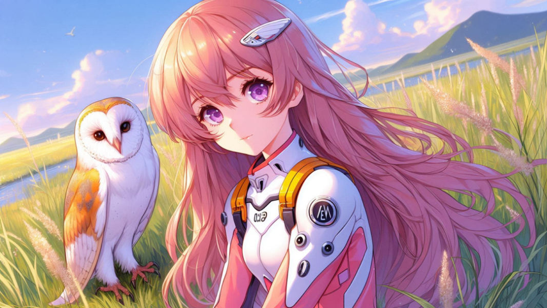 A pink-haired character sitting with a barn owl in a field