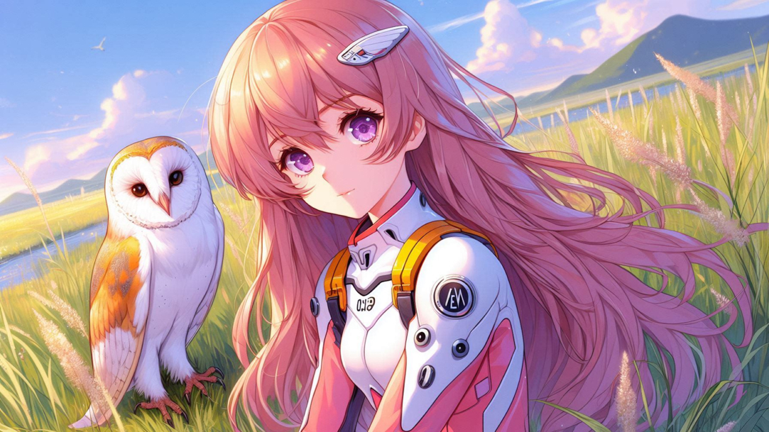  A pink-haired character sitting with a barn owl in a field