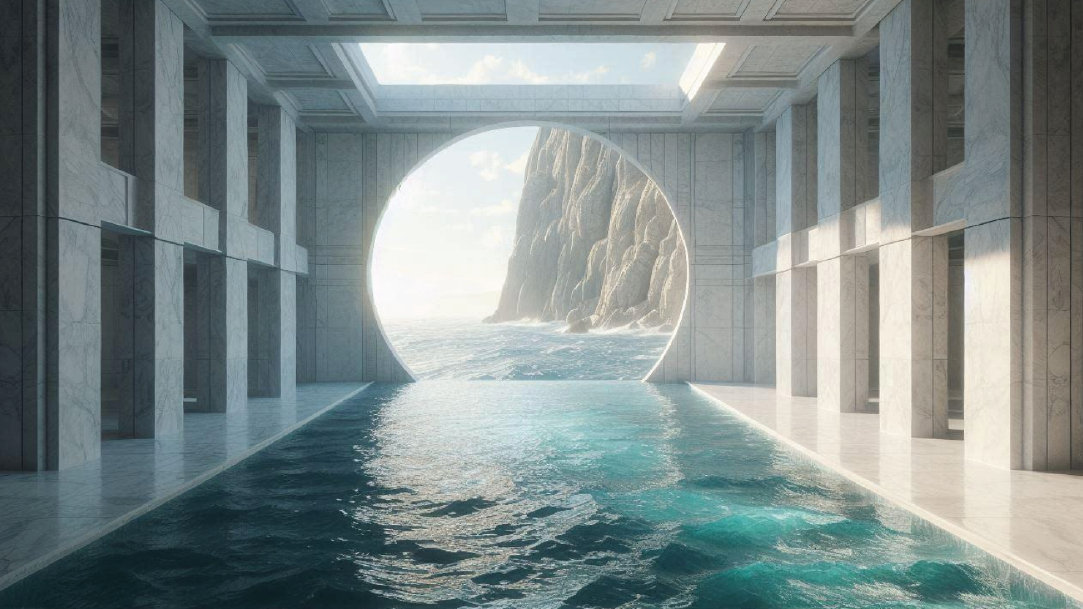 A pool flowing outside of a marble mansion into the sea