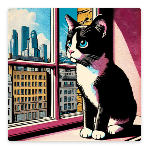 A pop art painting of a small black and white cat sitting on a windowsill