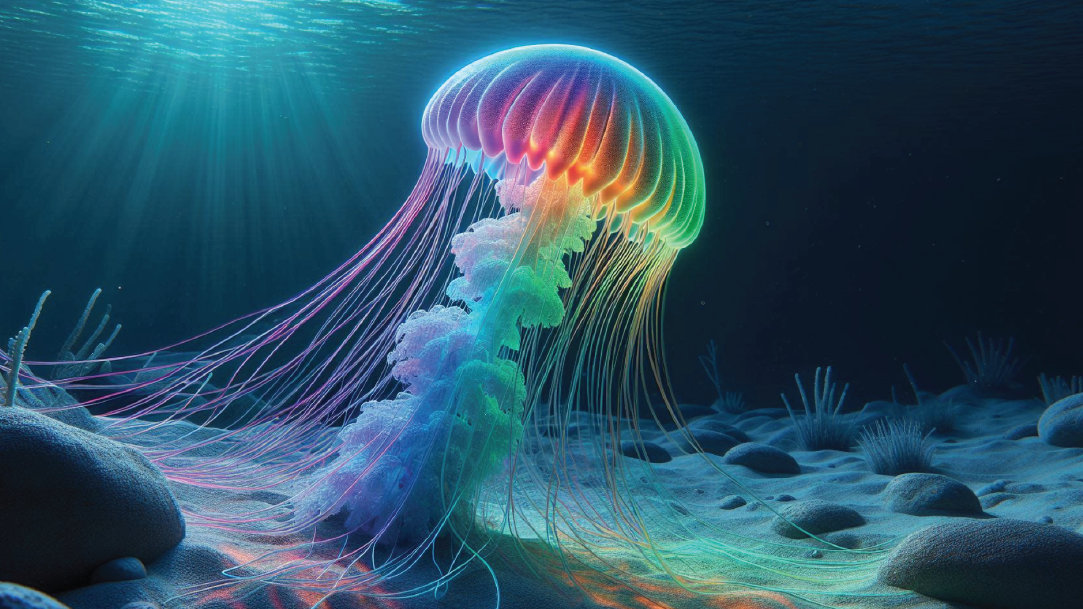 A rainbow jellyfish in the sea