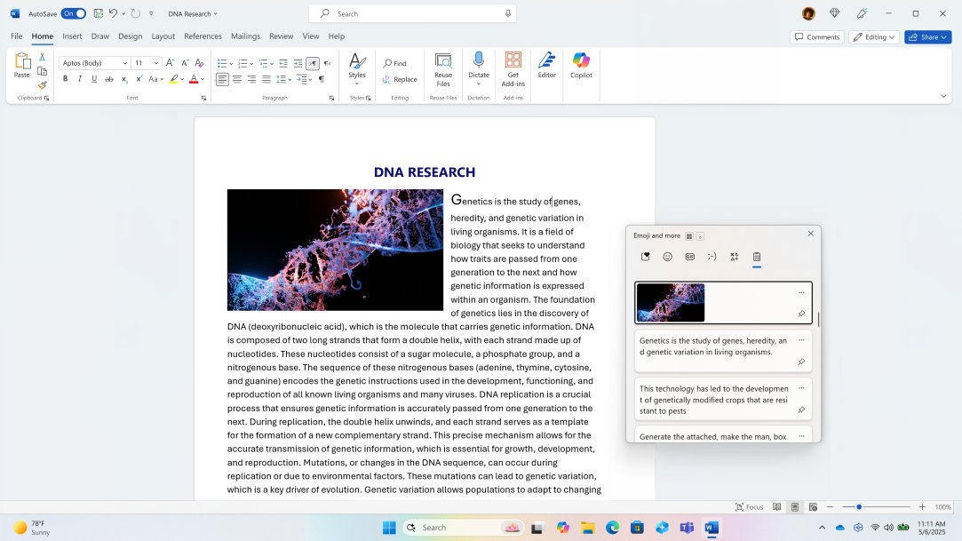 A research paper written in an MS Word document using the clipboard history to hold pertinent info and images for pasting within the doc 