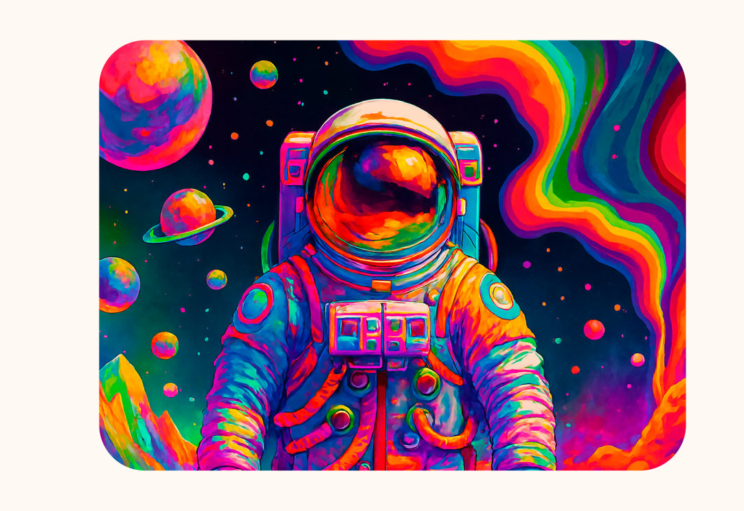 Fluorescent painted astronaut walking on planet in outer space