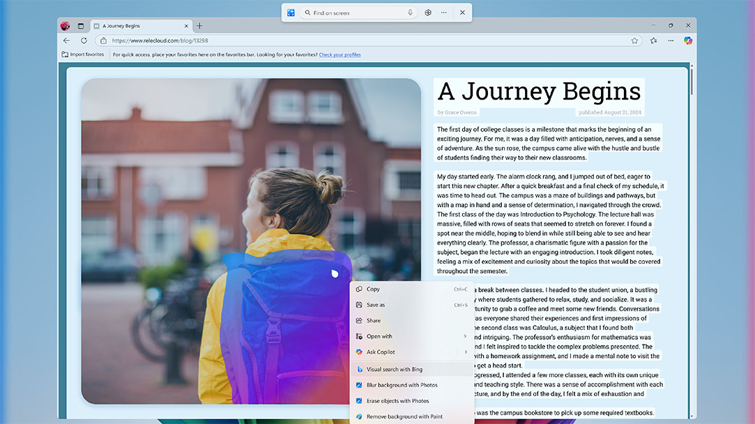 A screen showing the Click to Do student productivity feature on Copilot+ PCs