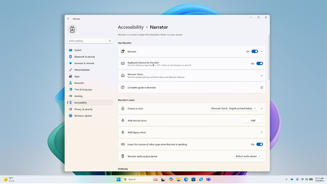 A screen showing the Narrator feature, a student productivity tool