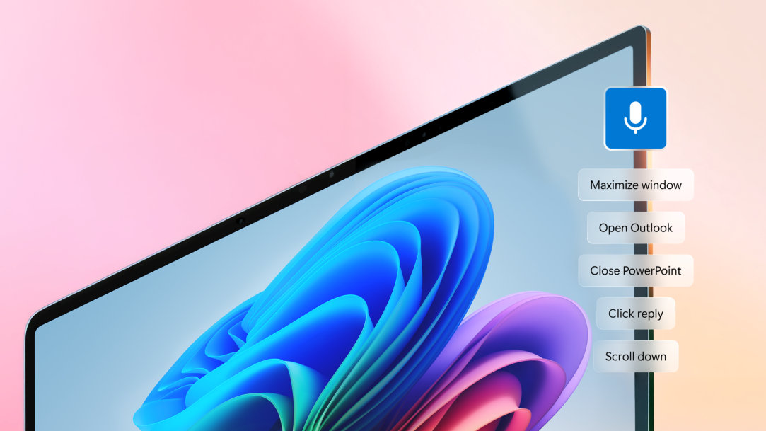 A screen shows Voice Access capabilities including the ability to click, close windows, and scroll with speech commands