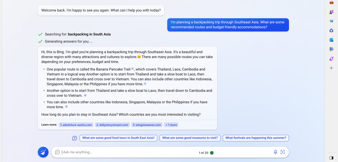A screenshot of Bing Chat results with pre-generated prompt responses below