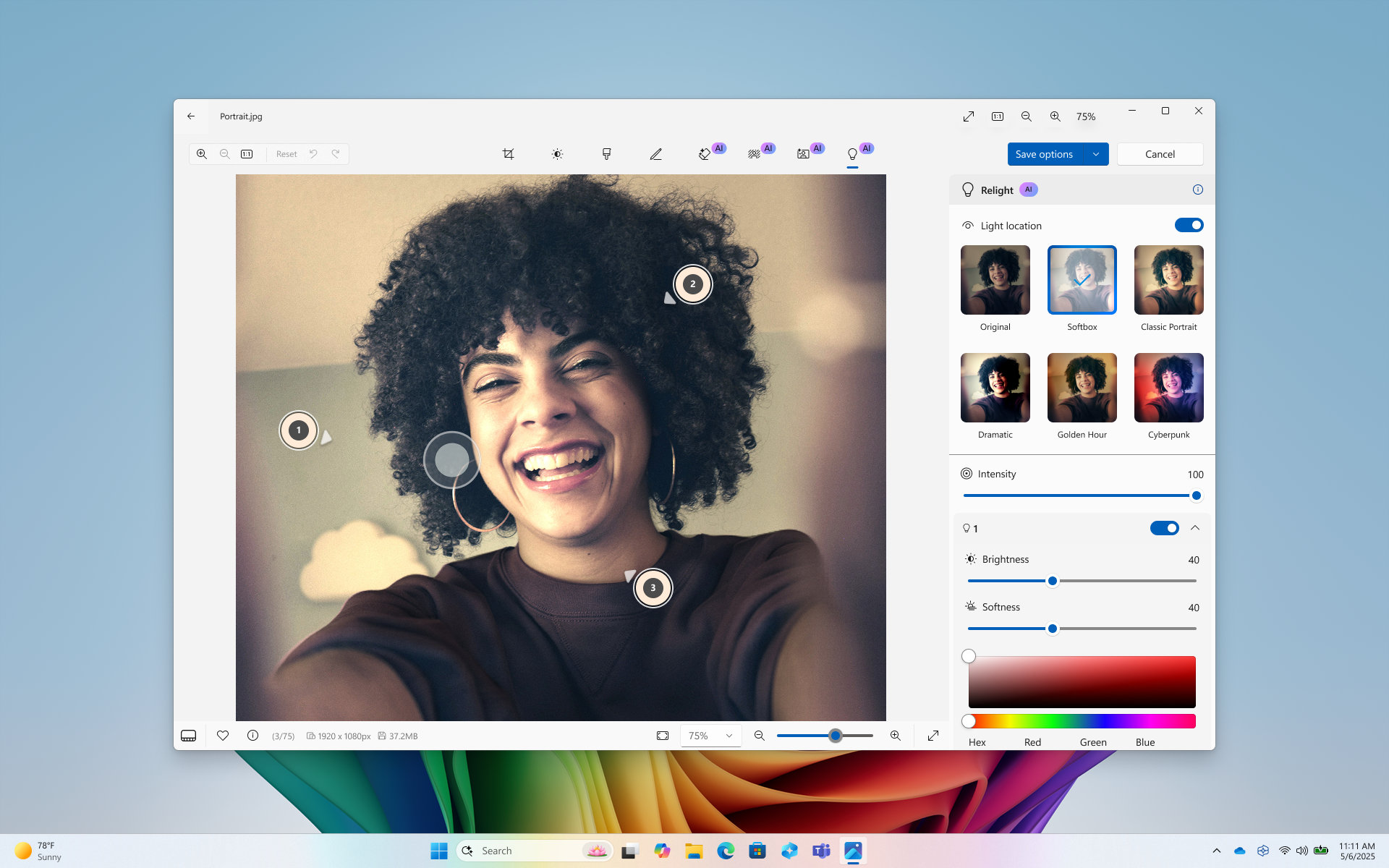 A screenshot showing the Relight feature and its editing functionality