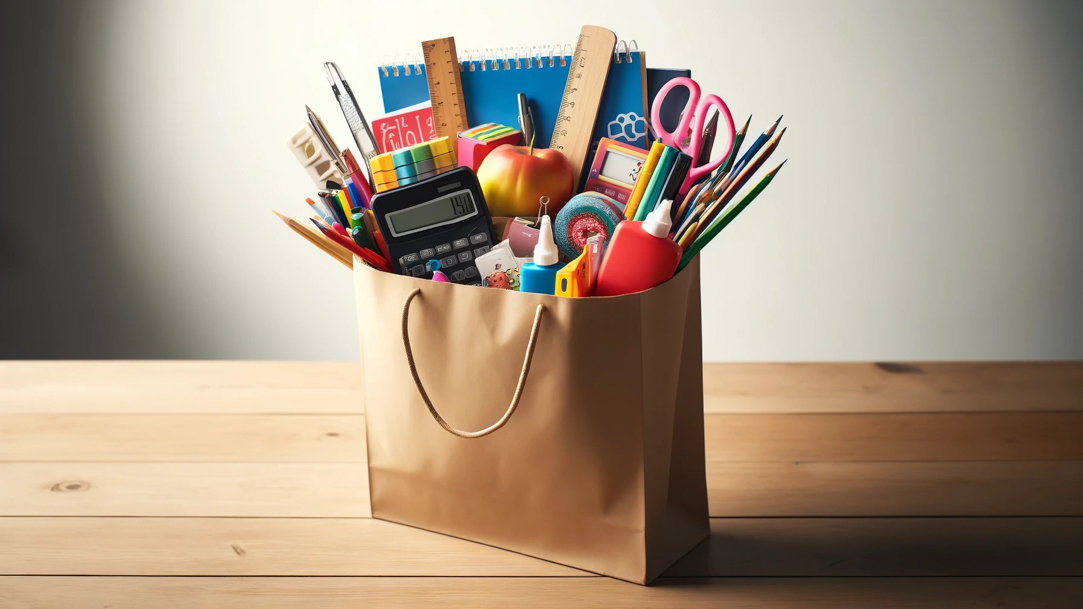 A shopping bag full of school supplies on a wooden table