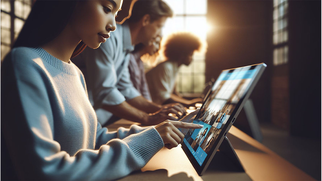 A side view of a young woman touching a Surface computer screen while her coworkers are in the background