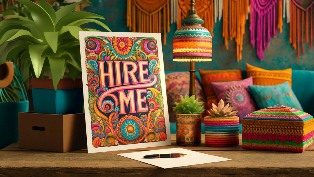 A sign reading “HIRE ME” on a wooden table