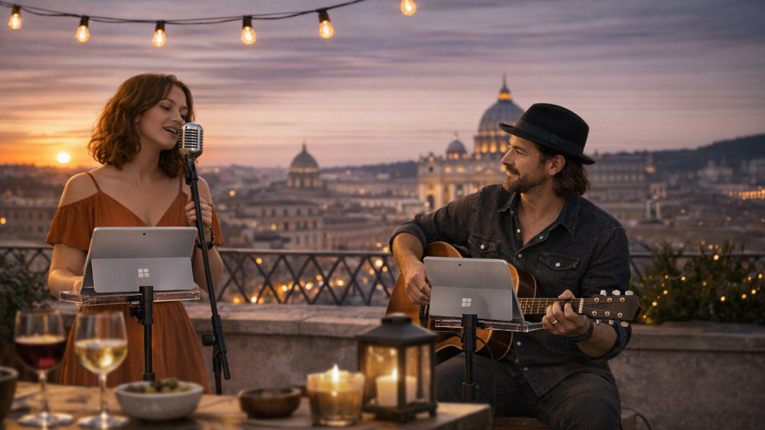 A singer and a guitar player playing in a sunset evening on a rooftop café setting overlooking Rome, Italy, each using a Surface Pro 2-in-1 in tablet mode attached to a stand