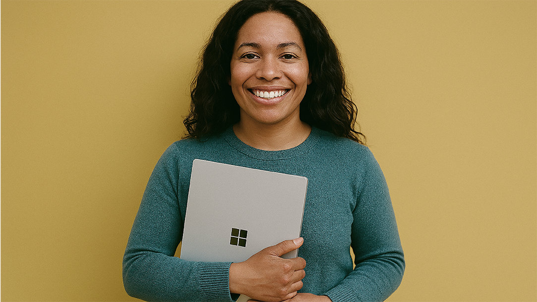 A smiling person holding a Surface laptop in front of a brightly painted wall