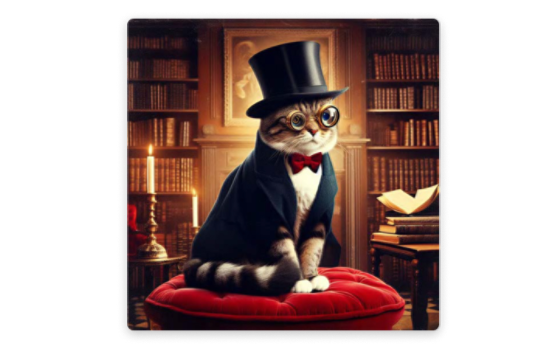 A sophisticated cat wearing a top hat and monocle sitting on a red velvet cushion