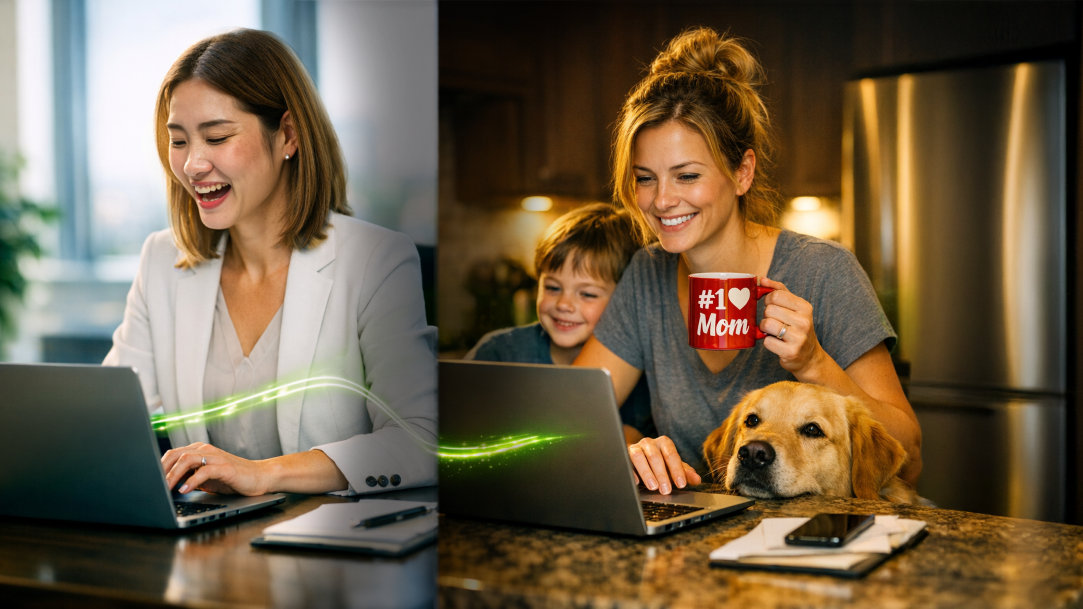A split scene that shows one woman in her an office assisting another woman in her kitchen using Remote Assist in Windows 11