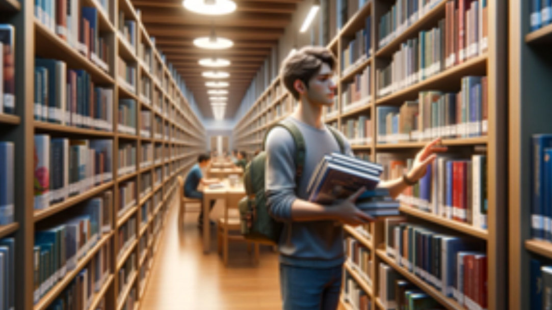 A student looking at books in a library