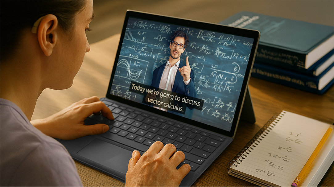 A student with a hearing impairment attends an online Calculus class using Copilot’s Live Captions