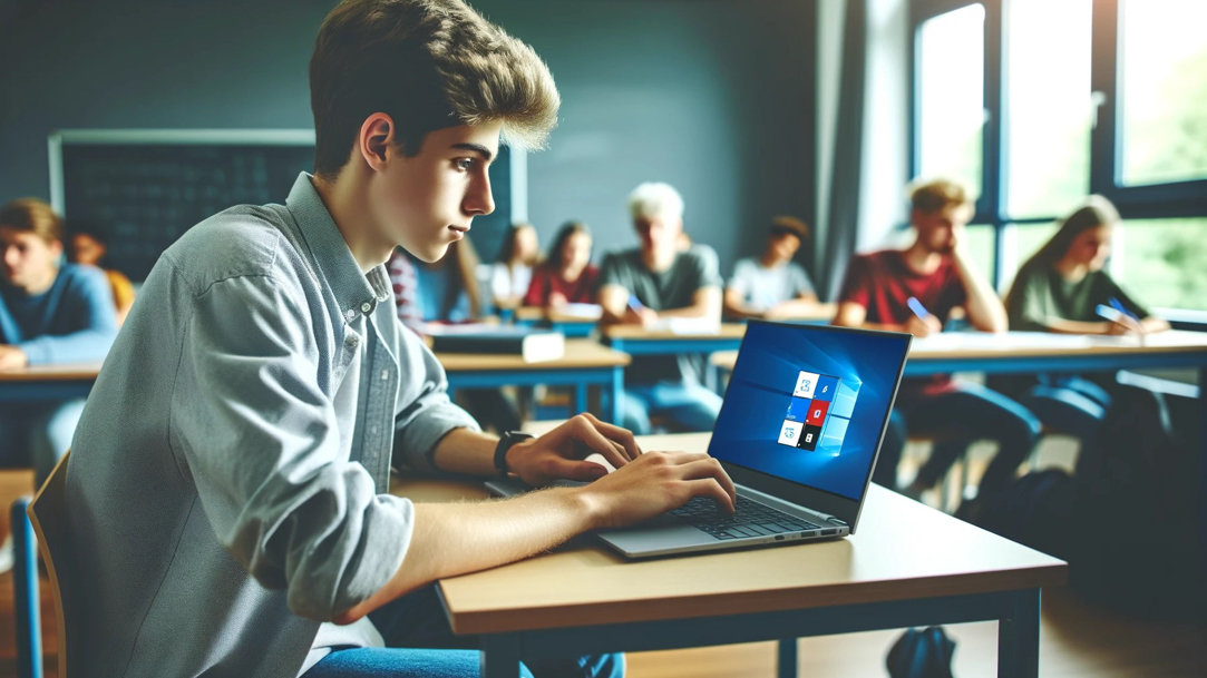 A student working on a laptop in a classroom