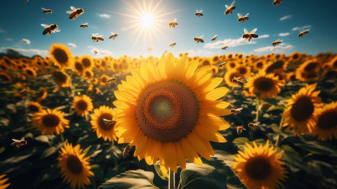 A sunflower field with bees
