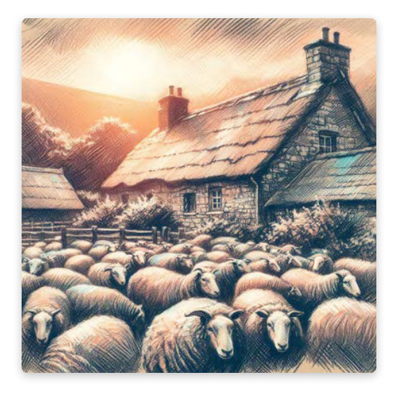 A thick colored charcoal pencil sketch of a farmhouse with sheep
