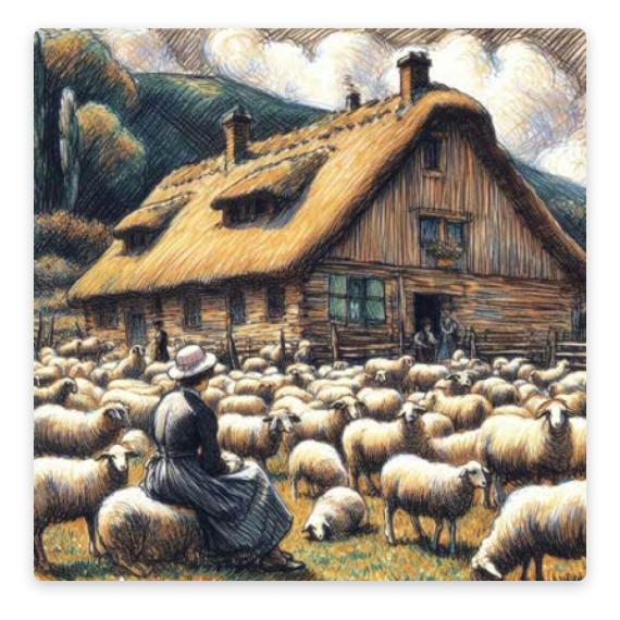 A thick marker sketch of a farmhouse with sheep and a woman in the style of Claude Monet