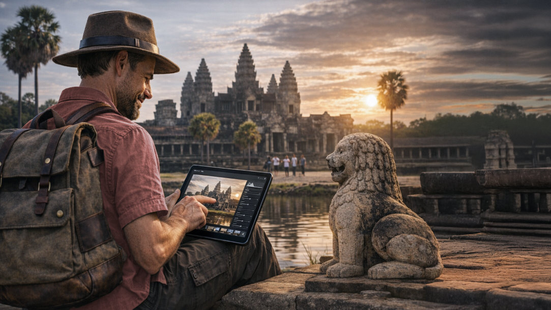A traveler in Cambodia using his Surface Pro touchscreen to edit photos