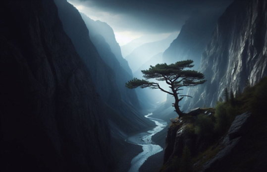 A tree overlooking a valley