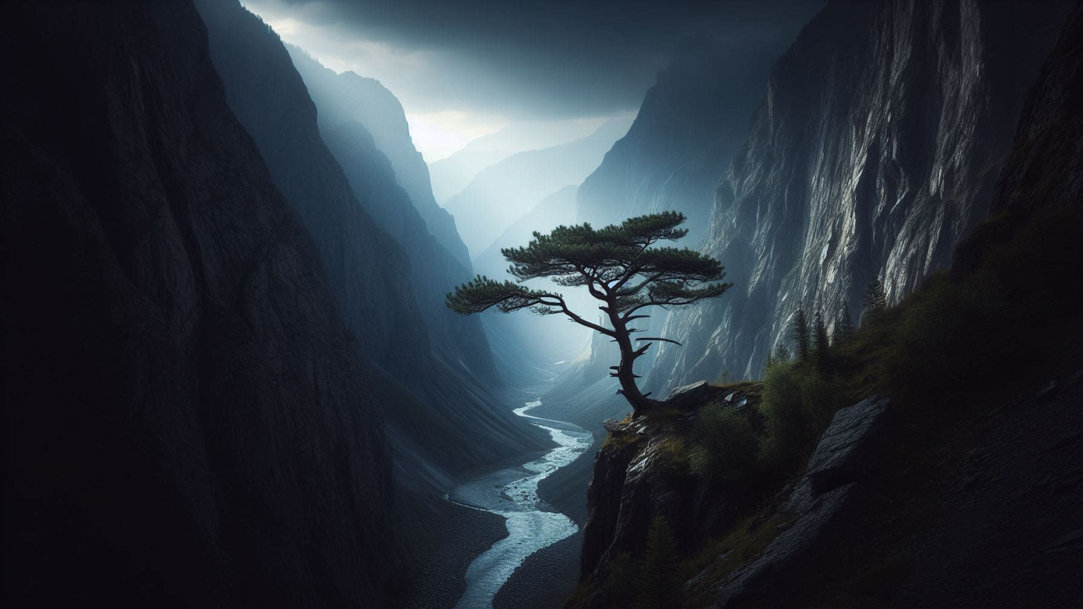 A tree overlooking a valley