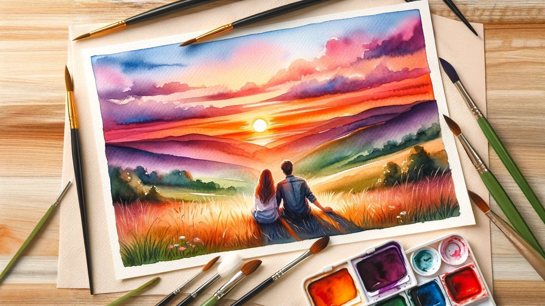 A watercolor painting of a man and a woman watching the sunset set on a table surrounded by art supplies